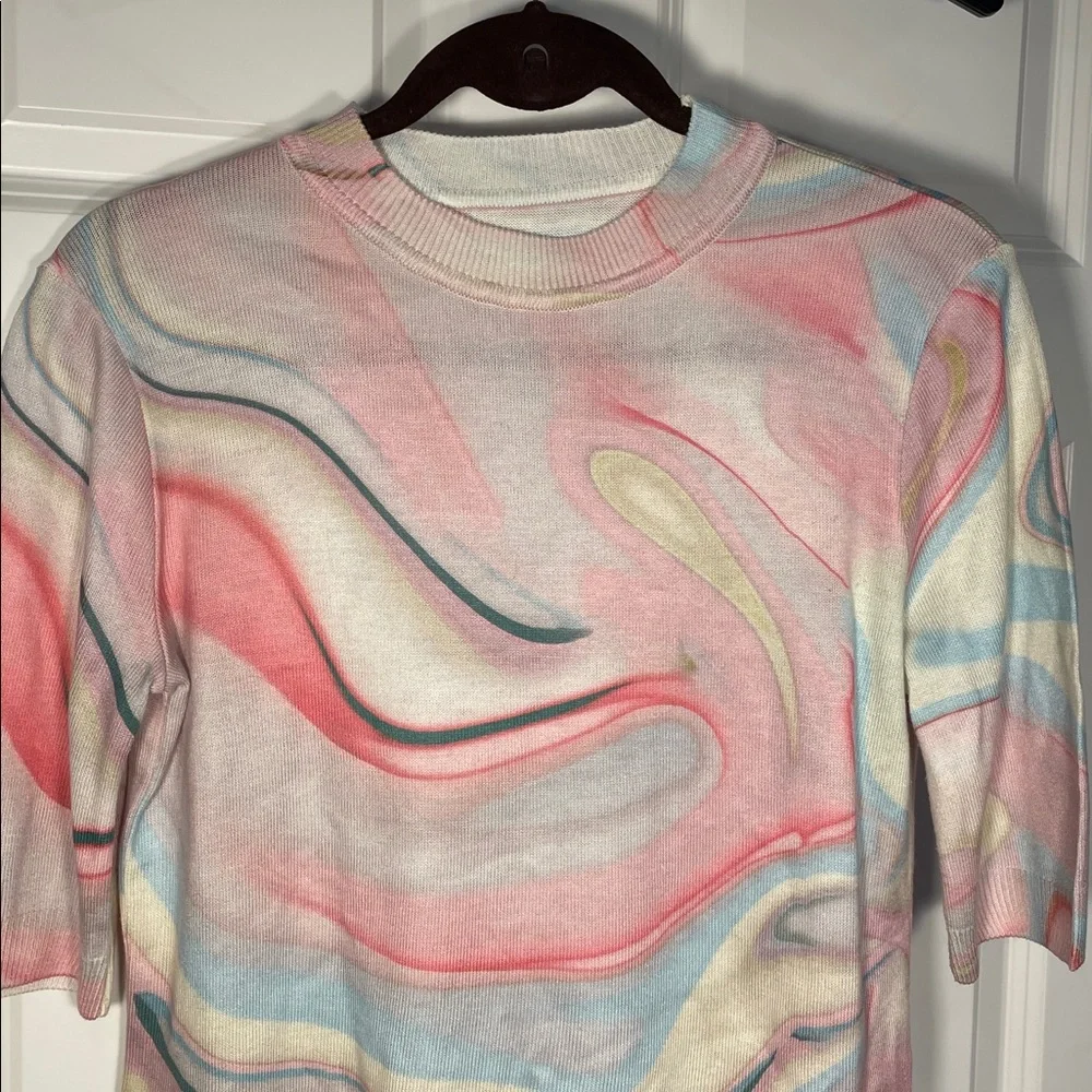 Anthropologie Short Sleeve Sweater Small Multicolor Swirl Marble Print Crewneck - Picture 5 of 16